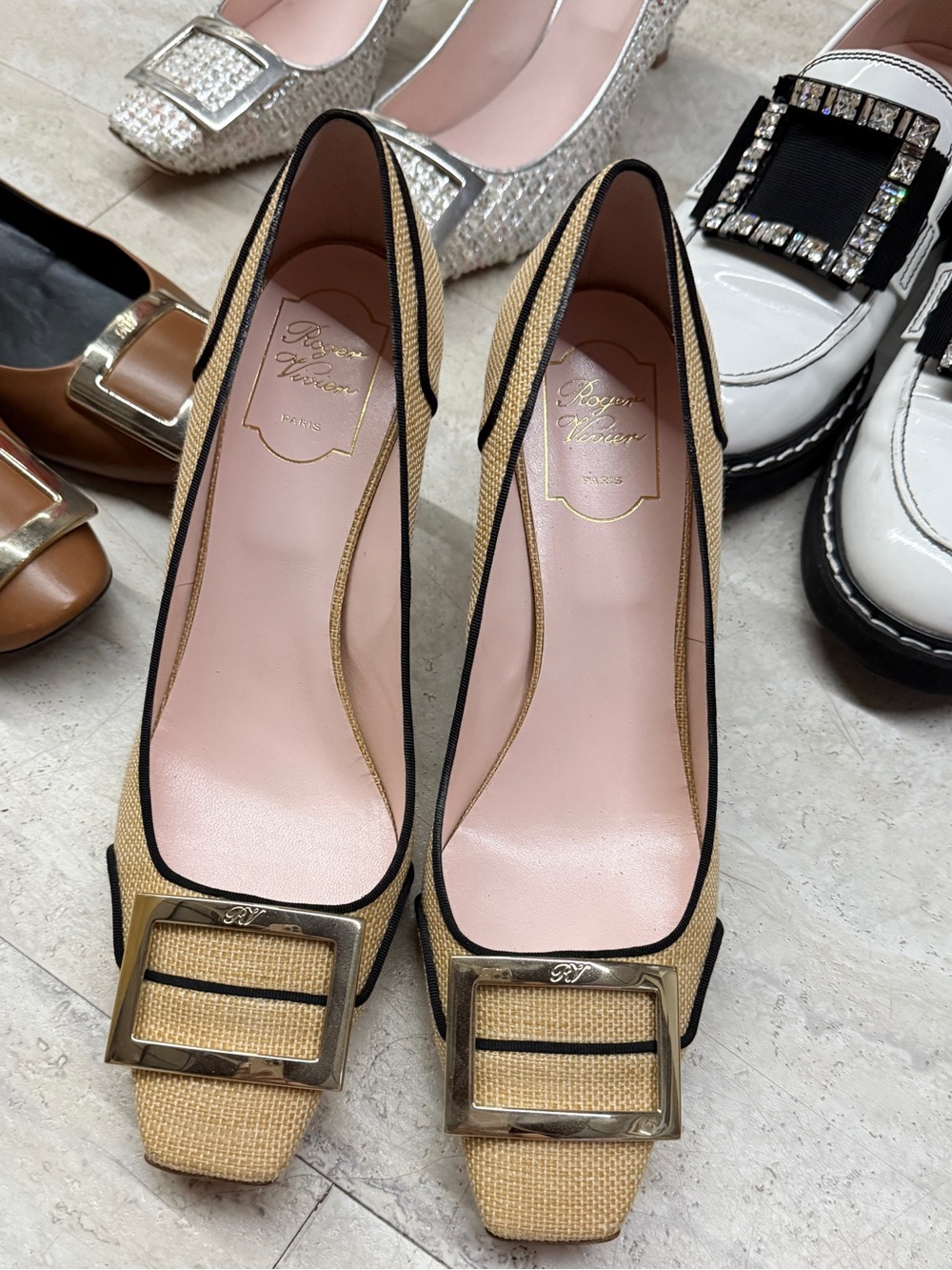 Roger Vivier Beige Raffia Buckle Pumps with Black Trim